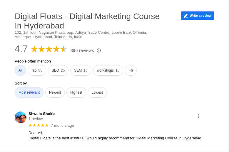 Digital Marketing Courses In Warangal- Digital Floats Academy Google Review