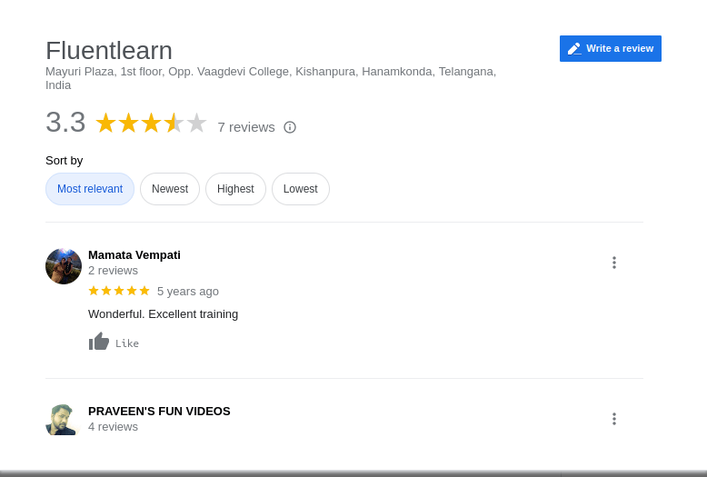 Digital Marketing Courses In Warangal- Fluent Learn Google Review
