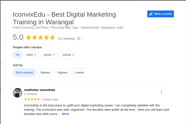 Digital Marketing Courses In Warangal- Iconvix Google Review