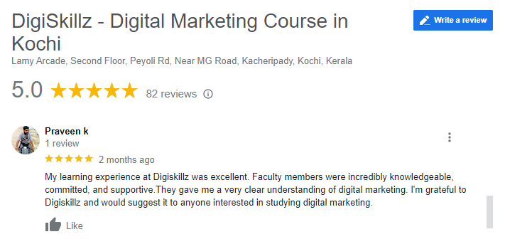 Digital Marketing Courses In Alleppey- DigiSkillz Google Review