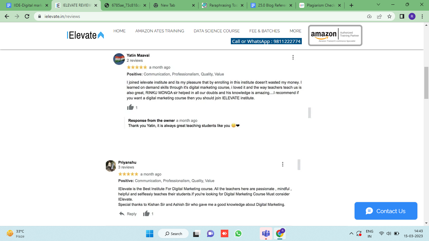 Digital Marketing Courses In Alandur- IElevate Google Review