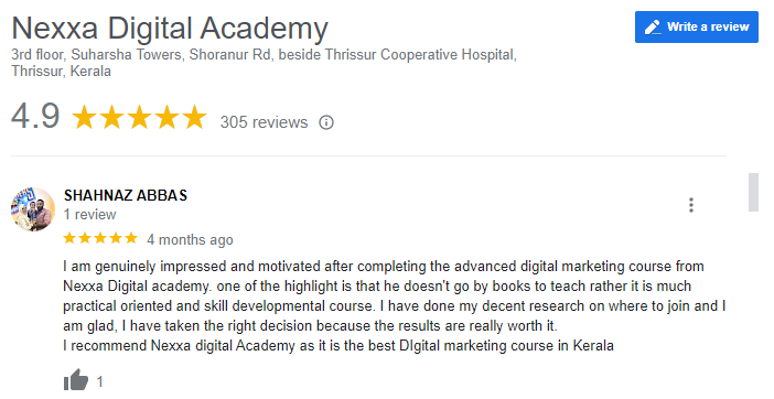 Digital Marketing Courses In Alleppey- Nexxa Google review