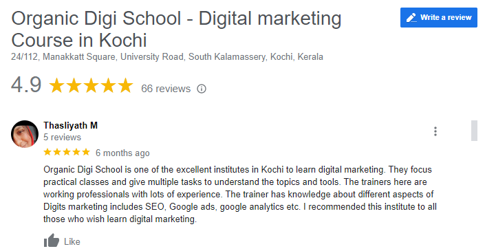 Digital marketing Courses In Alleppey- Organic Digi School Google Review