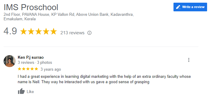 Digital Marketing Courses In Alleppey- Proschool Google Review