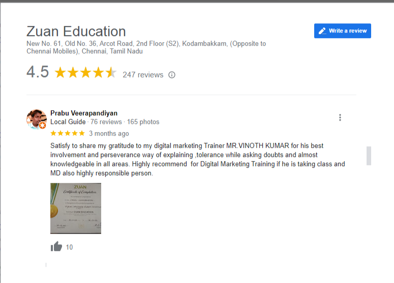 digital marketing courses in kumbakonam- zuan education google review