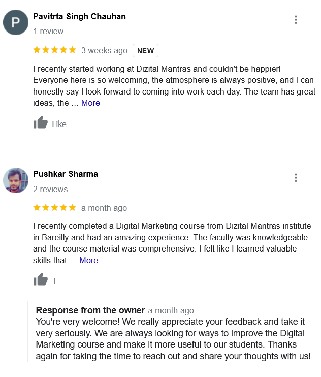 Digital Marketing Courses In Bareilly- Dizital Mantras Google Reviews